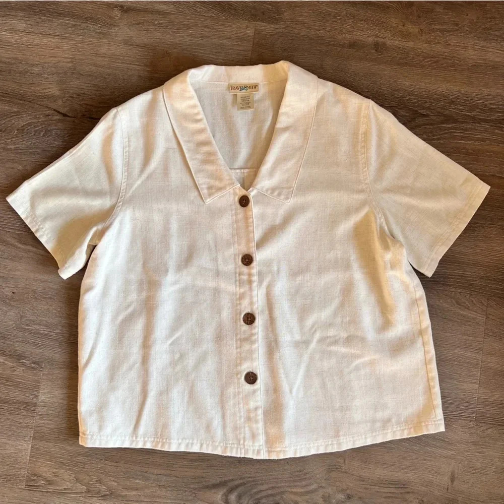 TravelSmith | Cream Linen Blend Button Up Collared Blouse Women’s Medium Travel